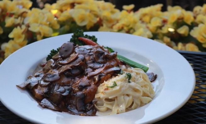 Chicken Marsala, sweet marsala wine sauce, served with fettuccine alfredo, broccolini, carrots, and summer squash